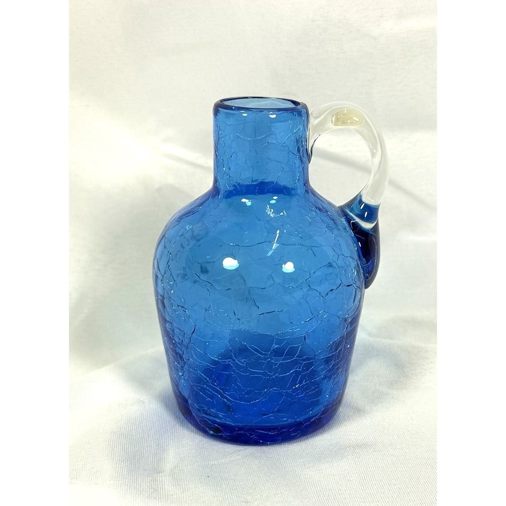 Vintage Cobalt Blue Crackle Glass Mini Pitcher Jug Hand Blown Art Glass‎